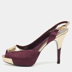 Louis Vuitton Purple/Gold Fabric and Leather Peep Toe Slingback Pumps Size 38.5