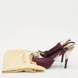 Louis Vuitton Purple/Gold Fabric and Leather Peep Toe Slingback Pumps Size 38.5