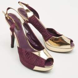 Louis Vuitton Purple/Gold Fabric and Leather Peep Toe Slingback Pumps Size 38.5