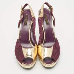 Louis Vuitton Purple/Gold Fabric and Leather Peep Toe Slingback Pumps Size 38.5
