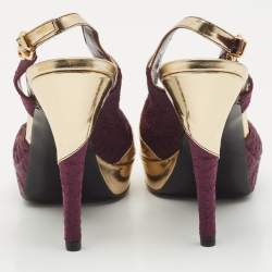 Louis Vuitton Purple/Gold Fabric and Leather Peep Toe Slingback Pumps Size 38.5