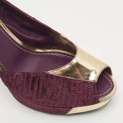 Louis Vuitton Purple/Gold Fabric and Leather Peep Toe Slingback Pumps Size 38.5