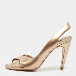 Pre Owned صندل لوي فيتون باربارا سيور متعاكسة فتحة كعب جلد لامع ذهبي مقاس 37.5