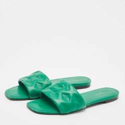 Louis Vuitton Green Monogram Embossed Leather Revival Flat Slides Size 39.5