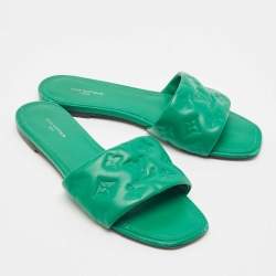 Louis Vuitton Green Monogram Embossed Leather Revival Flat Slides Size 39.5