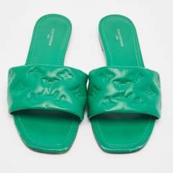 Louis Vuitton Green Monogram Embossed Leather Revival Flat Slides Size 39.5
