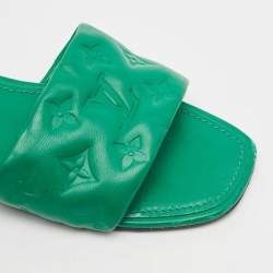 Louis Vuitton Green Monogram Embossed Leather Revival Flat Slides Size 39.5