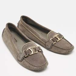 Louis Vuitton Dark Grey Suede Oxford Zip Detail Slip On Loafers Size 38.5