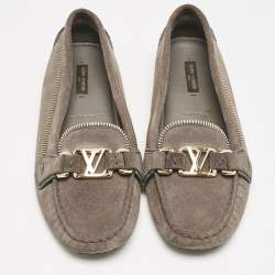 Louis Vuitton Dark Grey Suede Oxford Zip Detail Slip On Loafers Size 38.5