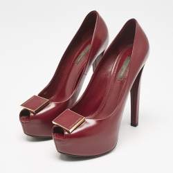 Louis Vuitton Red Leather Logo Plaque Platform Pumps Size 37.5