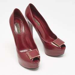 Louis Vuitton Red Leather Logo Plaque Platform Pumps Size 37.5