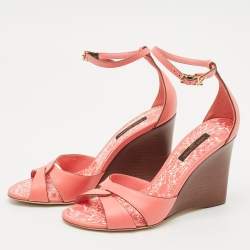 Louis Vuitton Pink Leather Ankle Strap Wedge Sandals Size 36