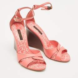 Louis Vuitton Pink Leather Ankle Strap Wedge Sandals Size 36