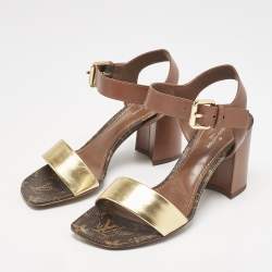 Louis Vuitton Brown/Gold Leather Bloom Ankle Strap Sandals Size 36
