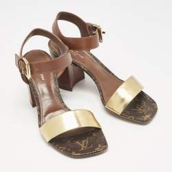 Louis Vuitton Brown/Gold Leather Bloom Ankle Strap Sandals Size 36