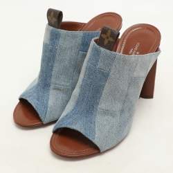 Louis Vuitton Faded Blue Patchwork Denim Flower Heel Mules Size 37