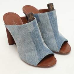 Louis Vuitton Faded Blue Patchwork Denim Flower Heel Mules Size 37