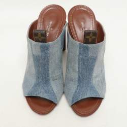 Louis Vuitton Faded Blue Patchwork Denim Flower Heel Mules Size 37