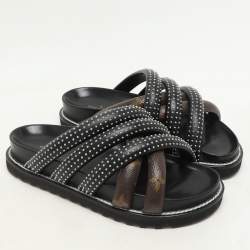 Louis Vuitton Black Monogram Canvas and Leather Slide Sandals Size 37