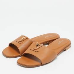 Pre Owned Louis Vuitton Brown Leather LV Mare Flat Slides Size 39.5