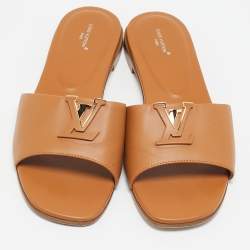 Pre Owned Louis Vuitton Brown Leather LV Mare Flat Slides Size 39.5