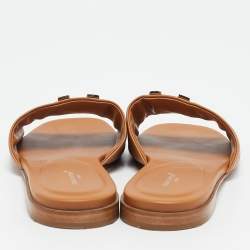Pre Owned Louis Vuitton Brown Leather LV Mare Flat Slides Size 39.5