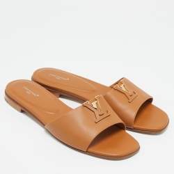Pre Owned Louis Vuitton Brown Leather LV Mare Flat Slides Size 39.5