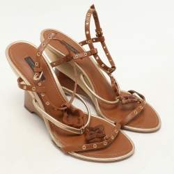 Louis Vuitton Brown Leather Eyelet T-Strap Wedge Sandals Size 38.5