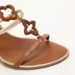 Louis Vuitton Brown Leather Eyelet T-Strap Wedge Sandals Size 38.5