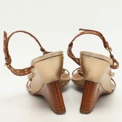 Louis Vuitton Brown Leather Eyelet T-Strap Wedge Sandals Size 38.5