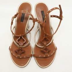 Louis Vuitton Brown Leather Eyelet T-Strap Wedge Sandals Size 38.5