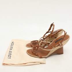 Louis Vuitton Brown Leather Eyelet T-Strap Wedge Sandals Size 38.5