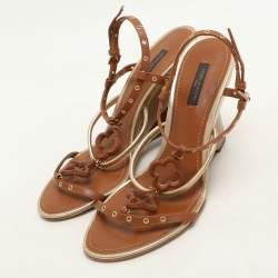 Louis Vuitton Brown Leather Eyelet T-Strap Wedge Sandals Size 38.5