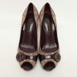 Louis Vuitton Burgundy Mini Lin Canvas and Patent Leather Peep Toe Pumps Size 36