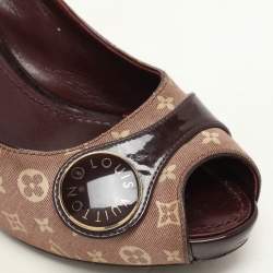 Louis Vuitton Burgundy Mini Lin Canvas and Patent Leather Peep Toe Pumps Size 36