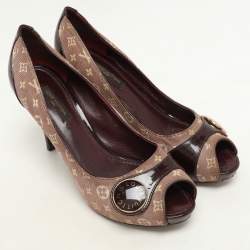 Louis Vuitton Burgundy Mini Lin Canvas and Patent Leather Peep Toe Pumps Size 36