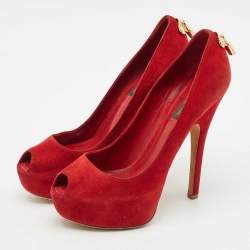 Louis Vuitton Red Suede Oh Really! Platform Peep Toe Pumps Size 38