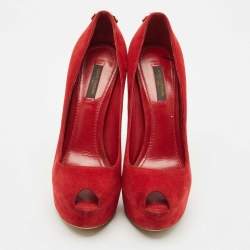 Louis Vuitton Red Suede Oh Really! Platform Peep Toe Pumps Size 38