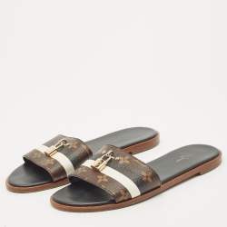 Pre Owned Louis Vuitton Black/Brown Monogram Canvas Lock It Flat Slides Size 40
