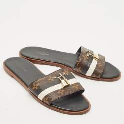 Pre Owned Louis Vuitton Black/Brown Monogram Canvas Lock It Flat Slides Size 40