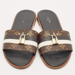 Pre Owned Louis Vuitton Black/Brown Monogram Canvas Lock It Flat Slides Size 40