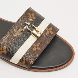 Pre Owned Louis Vuitton Black/Brown Monogram Canvas Lock It Flat Slides Size 40