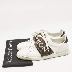 Louis Vuitton White/Brown Leather and Monogram Canvas Logo Strap Frontrow Sneakers Size 40