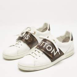 Louis Vuitton White/Brown Leather and Monogram Canvas Logo Strap Frontrow Sneakers Size 40