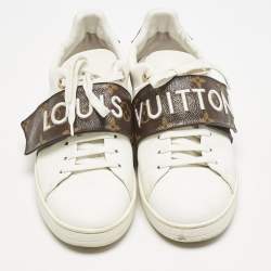 Louis Vuitton White/Brown Leather and Monogram Canvas Logo Strap Frontrow Sneakers Size 40