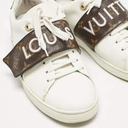 Louis Vuitton White/Brown Leather and Monogram Canvas Logo Strap Frontrow Sneakers Size 40