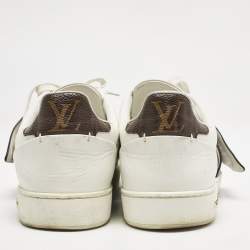 Louis Vuitton White/Brown Leather and Monogram Canvas Logo Strap Frontrow Sneakers Size 40