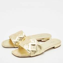 Louis Vuitton Gold Monogram Embossed Leather Revival Flat Slides Size 41