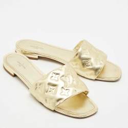 Louis Vuitton Gold Monogram Embossed Leather Revival Flat Slides Size 41