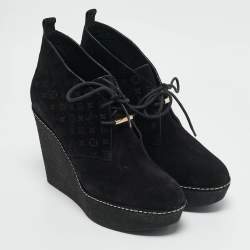Louis Vuitton Black Monogram Suede Wedge Ankle Boots Size 38